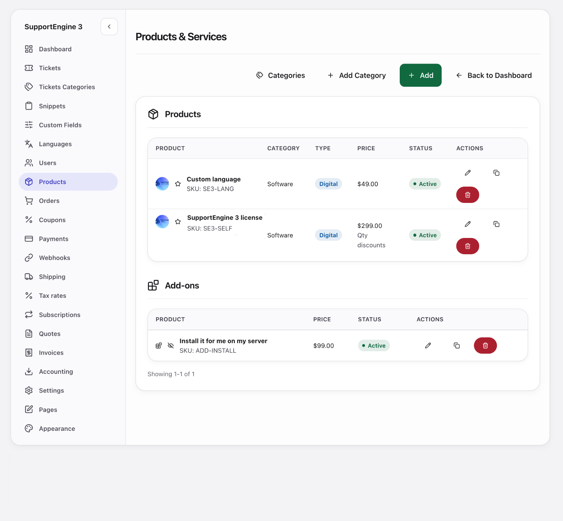 SupportEngine Products and Services admin page
