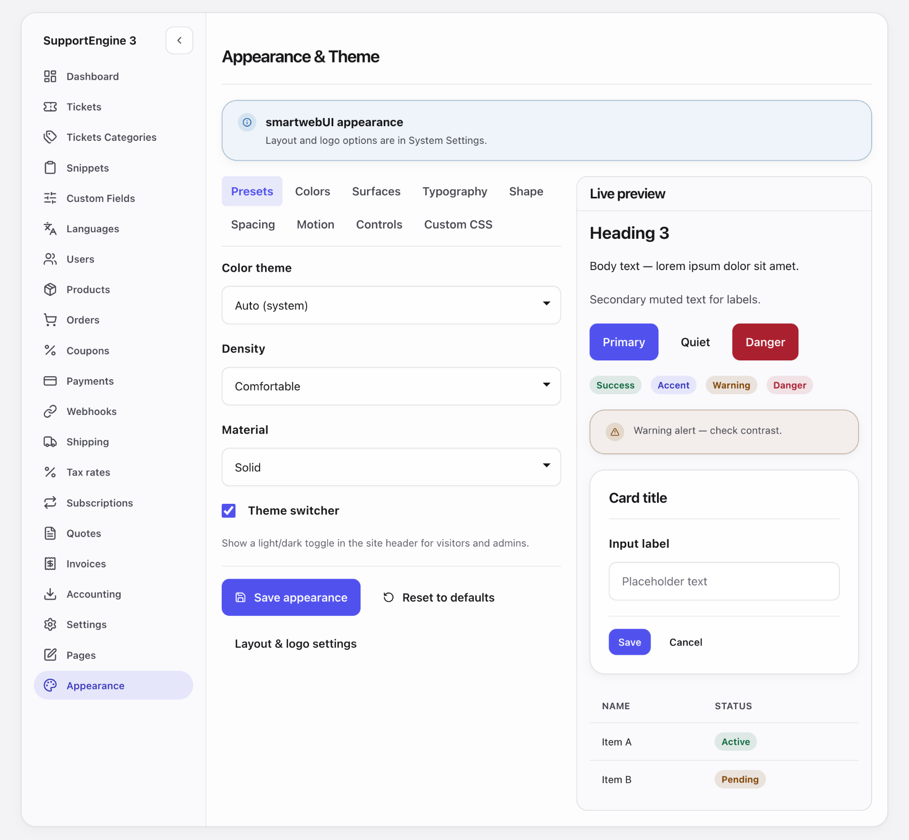 SupportEngine appearance and theme editor